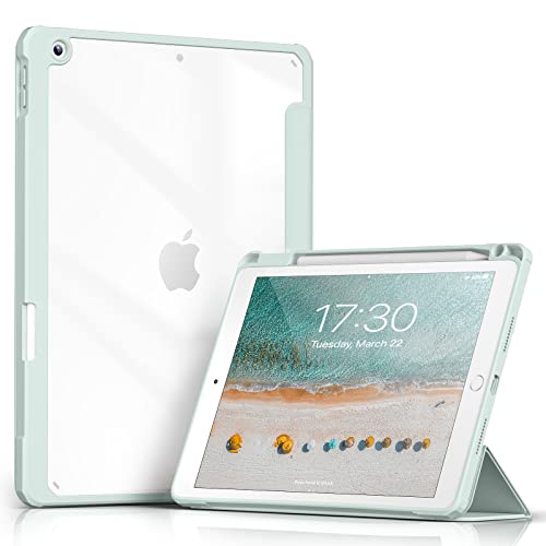 【送料無料】Aoub iPad 10.2 ケース iPad 第9 / 8 / 7世代 ケース 2021 2020 2019 透明バックカバー Apple Pencil 収納可能 三つ折スタンド スリープ機能 軽量 薄型 傷つけ防止 PU合成レザー TPU (モデル番号A2602、A2603、A2604、A2605) ライトグリーン