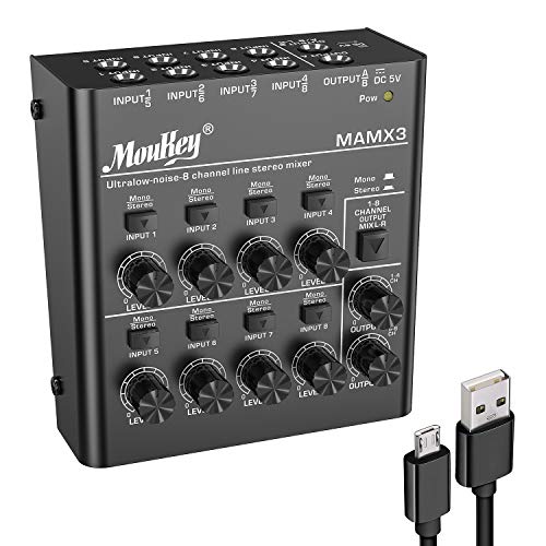 Rakuten - Moukey オーディオミキサー usb DC 5V超低ノイズ サブミキシング用 ラインミキサー (8チャンネル) 小型ミニオーディオミキサー クラブ/バー/マイク/ギター/ベース/キーボード/ステージミキサーに適用 MAMX3