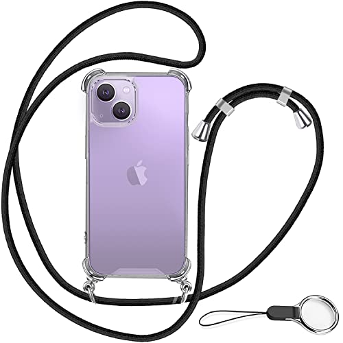 OJBSEN iPhone 14 専用ケース アイフォン 14 専用カバー調節可能な ショルダー 肩がけ 首掛け 紐付き 斜めがけ 薄型 透明 PC + 軽量 シリコン TPUバンパー カバー ストラップホール付き  MagSafe ワイヤレ