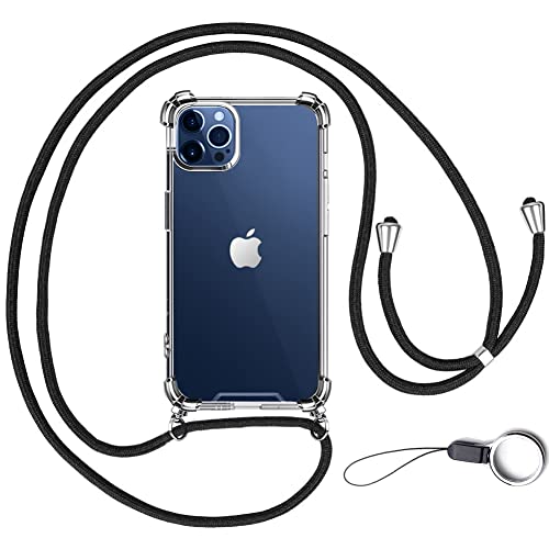 OJBSEN iPhone 12/12 Pro 用ケース アイフォン 12/12プロ 用ケース調節可能な ショルダー 肩がけ 首掛け 紐付き 薄型 透明 PC + 軽量 シリコン TPUバンパー ストラップホール付き  MagSafe ワイヤレス充電対応 ス