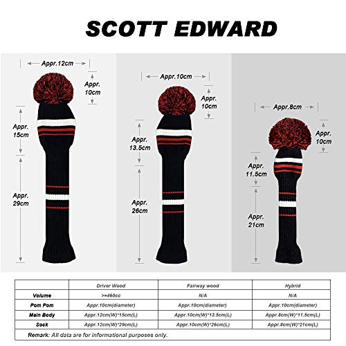【送料無料】Scott Edward ゴルフヘッドカバー 3点セット ドライバー(460cc) フェアウェイウッド ハイブリッド向け ブラック ホワイト レッド ストライプ 回転番号タグ付き ソフトアクリル糸 2層ニット