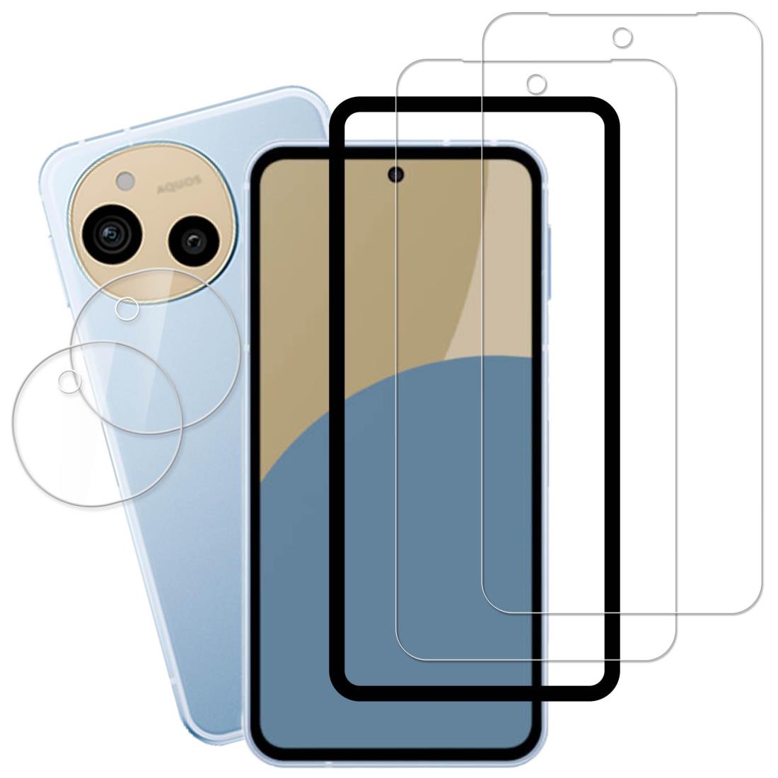 【2+2枚セット】ガイド枠付き KPNS 日本素材製 強化ガラス Aquos sense 9 用 ガラスフィルム カメラフィルム カバー 保護フィルム