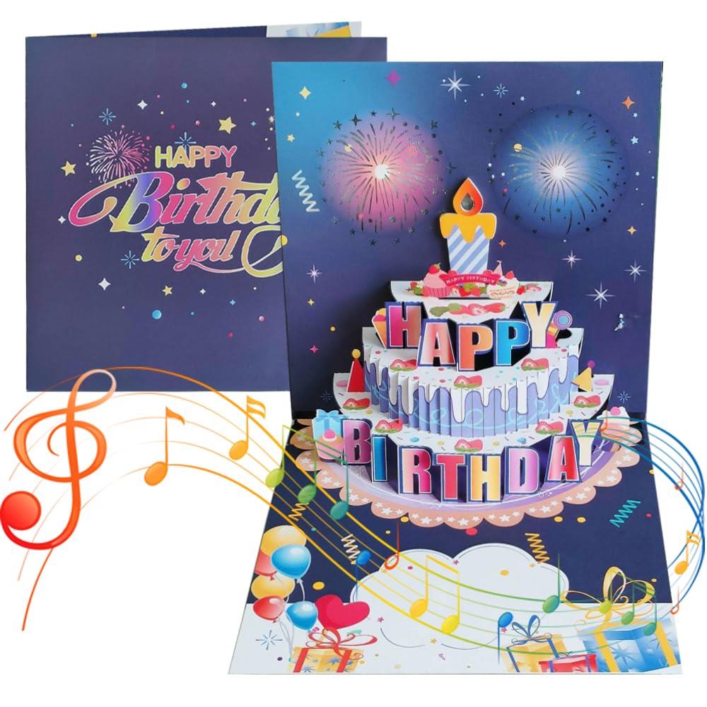 誕生日カード メロディ ライト付き ケーキ 3D 立体 バースデー カード グリーティングカード ポップアップカード メッセージカード 誕生日 お祝い 封筒付き...