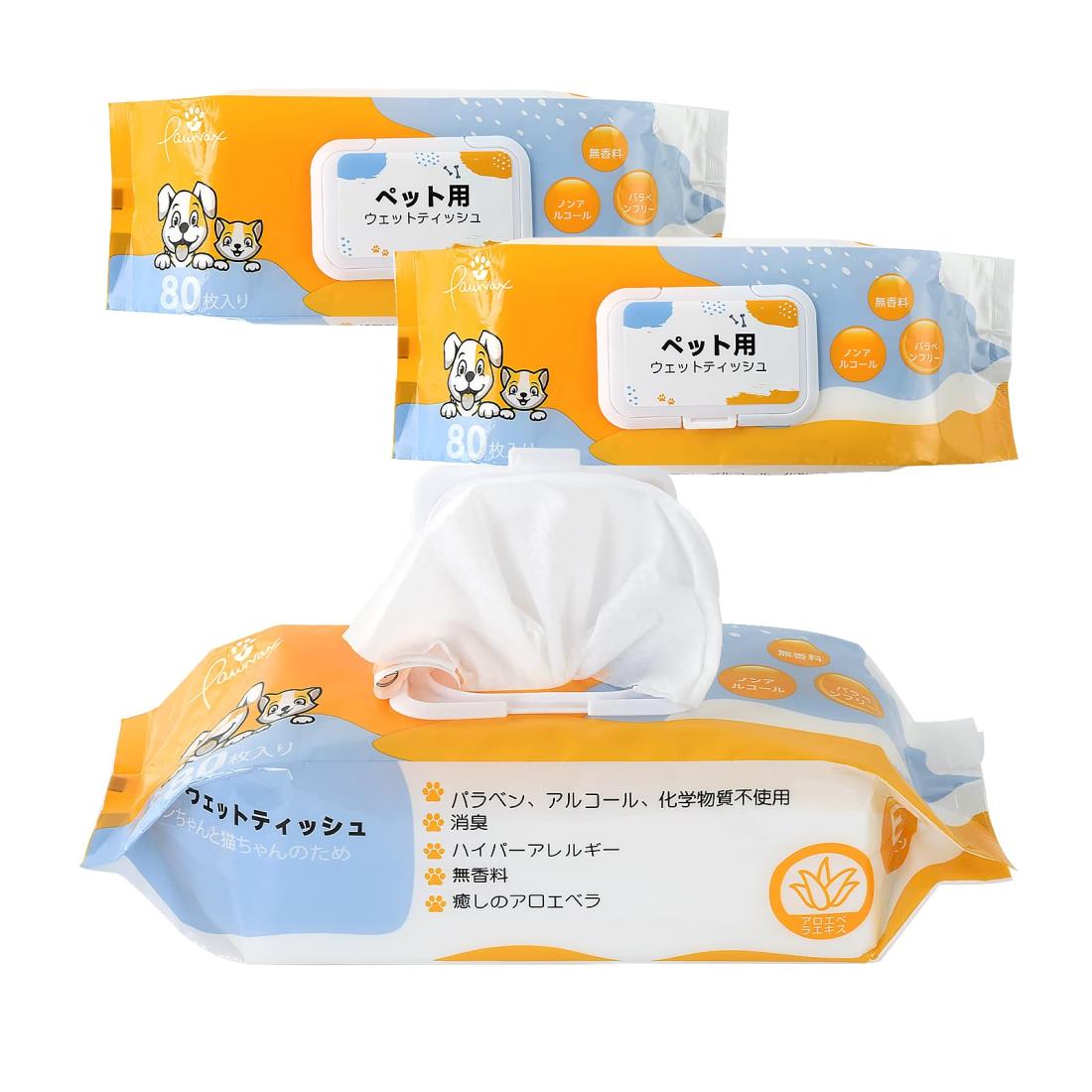 PAWNAX 犬 ウェットティッシュ 厚手・大判 ペット ウェットティッシュ 犬 猫 おしりふき なめても安心 犬 シート 除菌 消臭 犬 からだふきシート ノンアルコ ール 無香料 ペット シート 純水99% アロエ・ビタミンE 足ふき 犬/猫お口・耳・目の周り・全身清潔用 80枚入×3個