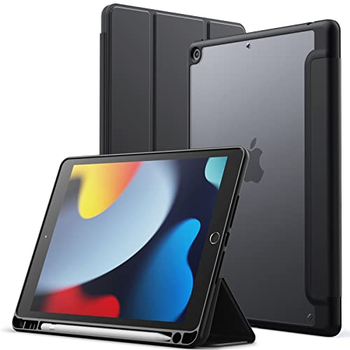 JE Direct iPad 9/8/7 マットケース（10.2インチ、 2021/2020/2019モデル、 第9/8/7世代用）Pencilホルダー つや消しの半透明の背面 薄型 スタンド 保護 タブレットカバー (ブラック)