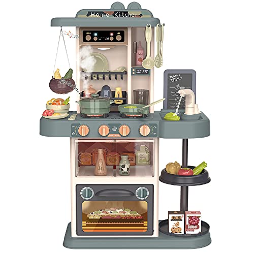 Button Moon おままごと キッチンセットおもちゃ リアル噴霧 リアル料理音 音楽ボックス 黒板付き 循環出水 食器/調味料/野菜 43点セット 室内 親子 水蒸気 ごっこ遊び スプレー 調理器具 台所 誕生日 プレゼント ギフト 組み立て式 男の子 女の子 スレートグリーン