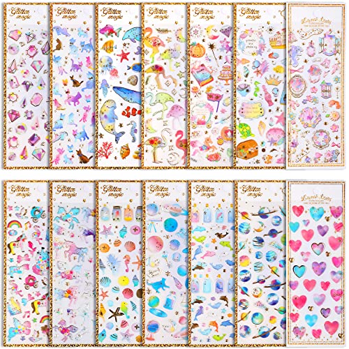 【送料無料】SANNIX キラキラシール 女の子 14シート ごほうびシール 手帳ステッカー ぷくぷく シール キラキラ ハート 立体 デコ ステッカー ごほうび スケジュール帳 天体心柄と猫魚