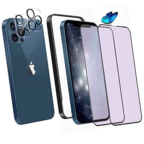 DZHFU 【ブルーライトカット】iPhone 13 Pro max強化ガラスフィルム(2枚入り)＋レンズ保護フィルム (2枚入り) 6.7インチ 目の疲れを軽減 硬度9H強化ガラス 滑らかなタッチ操作 指紋付着防止 自動吸着 飛散防止 気泡防止 全面保護フィルム 日本旭硝子製 アイフォン13 Pro max
