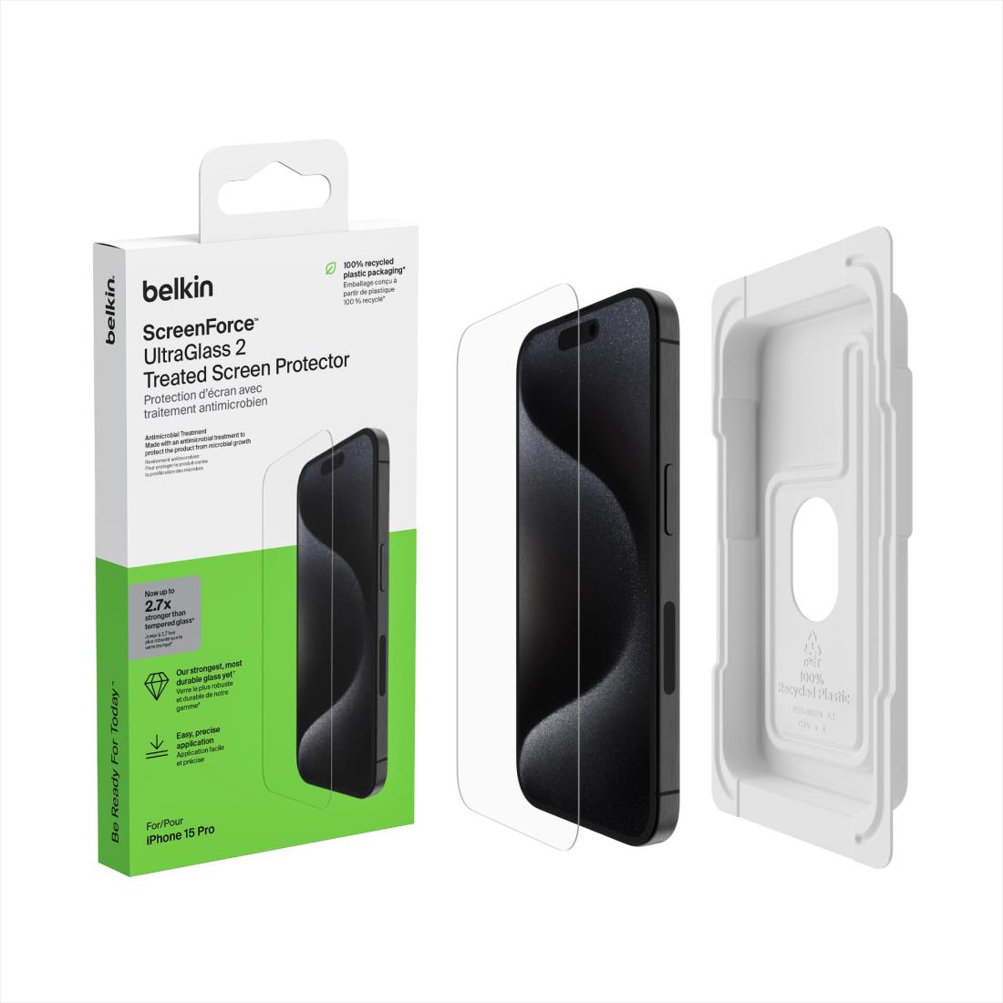【Apple公認ガラスフィルム】Belkin iPhone15 Pro用 UltraGlass 2保護ガラスフィルム 超強化ガラス 抗菌 0.29mm 簡単取付キット付き OVA133zz