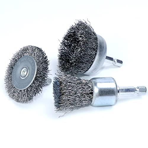 IROKCAKPT 六角軸ワイヤーブラシ カップブラシ ステンレス 3個セット,平面のさび・ペンキ落としに