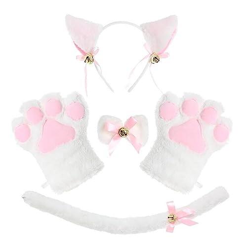 YFFSFDC 猫耳カチューシャ ねこ コス チューム 4点セット コス プレ 小物 チョーカー 肉球手袋 しっぽ ..