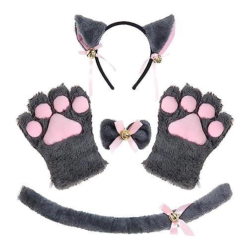 YFFSFDC 猫耳カチューシャ ねこ コス チューム 4点セット コ スプレ 小物 チョーカー 肉球手袋 しっぽ ..