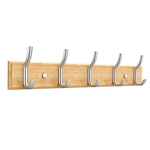 An juer ウォールハンガー 壁取り付け式コートラック 5連フック 壁掛けフック 収納家具 物干しハンガー 帽子掛け・洋服掛け・コート掛け 木製(銀フック丸型)