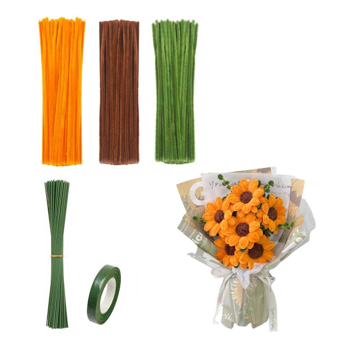 手芸モール オレンジ*100本+ブラウン*100本+緑色*100本+フロー ラテープ*1巻+地巻ワイヤー*30本 工作モール 造花セット ひまわり 造花 手芸素...