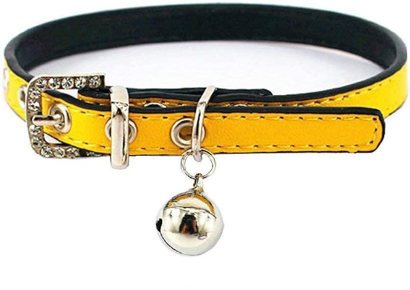ネコ 首輪 猫くびわ 鈴つき ペットの首輪 ブルー子猫の首輪鈴付き 安全首輪 PU レザー 【子犬 首輪 ｜ネコ 首輪 ｜ 子猫首輪｜猫用首輪｜犬用首輪】 【幅0.9cm 16-22cm首回り対応，イエロー】