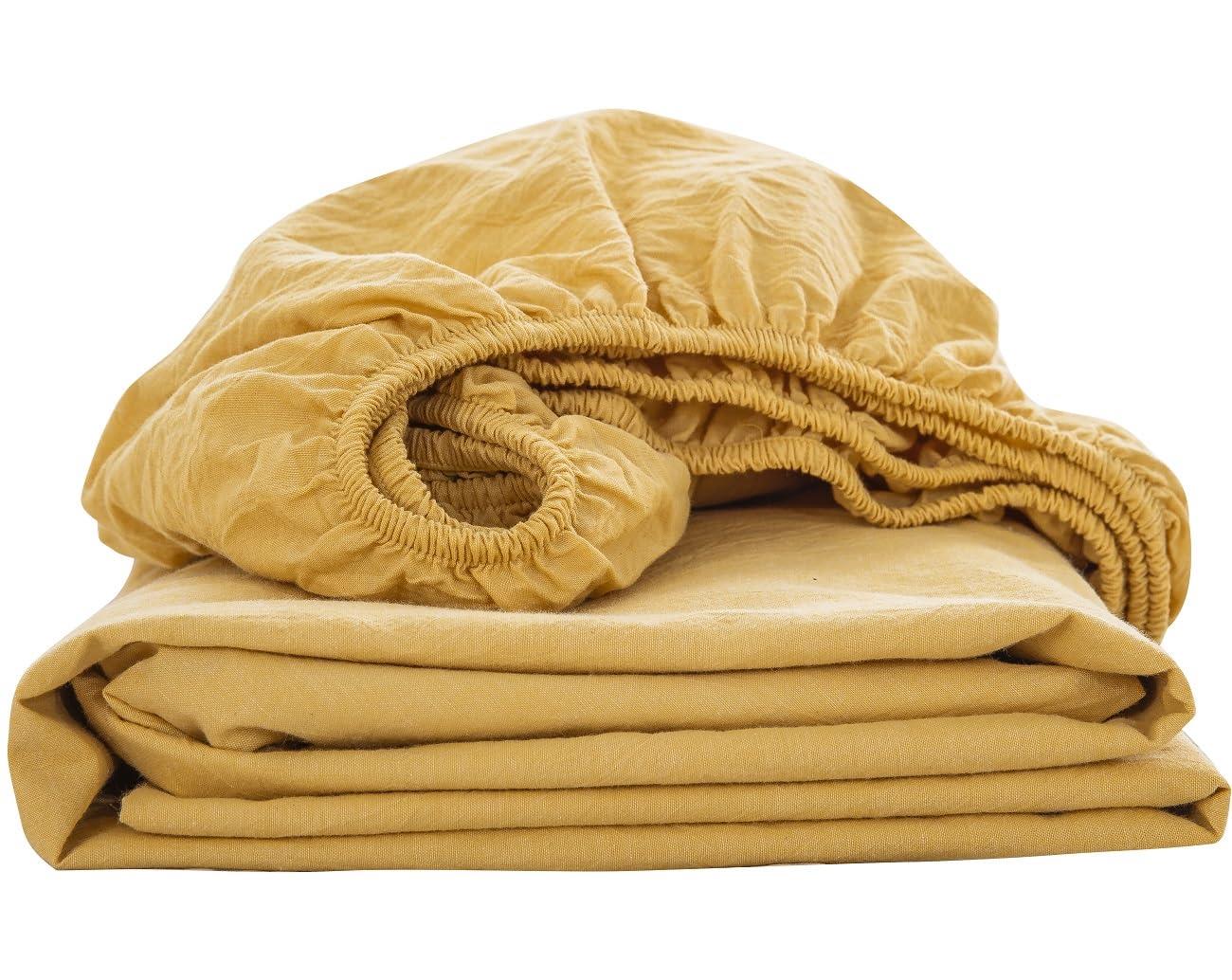 ボックスシーツ ワイドキング 200x200x30cm オーガニックコットン 洗いざらしの綿100% ベッドシーツ BOXシーツ 防ダニ イエロー