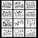 Koonafy テンプレート 描画 12枚セット 植物形 ステンシルシート 面白い プレート 絵描き道具 手帳用 絵画 はがき 手紙 文具 プレゼント DIY 手作り デザイン 製図 ステンシル 雛菊 花輪 鈴蘭 野花 野草 藤蔓 昆虫 (小花)