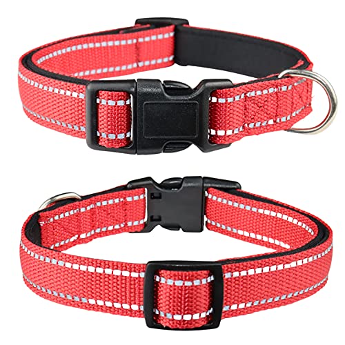 【送料無料】THAIN 犬 首 輪 犬の首 輪 小型、中型、大型犬用首 輪 子犬 首 輪 軽量 ペット用品 反射材料 ナイロン製 通気性 弾力性 柔らかい 調節可能 (M, 赤)