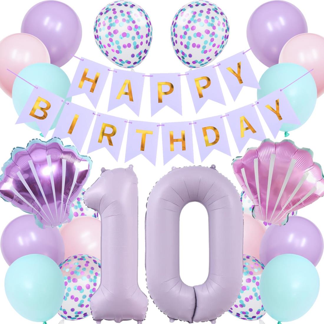 Lausatek バルーン 誕生日 10歳 風船セット HAPPY BIRTHDAY バースデー ガーランド バースデー 飾り付け 数字10 シェル 装飾 お祝い イベント 子ども 男の子 女の子 パープル