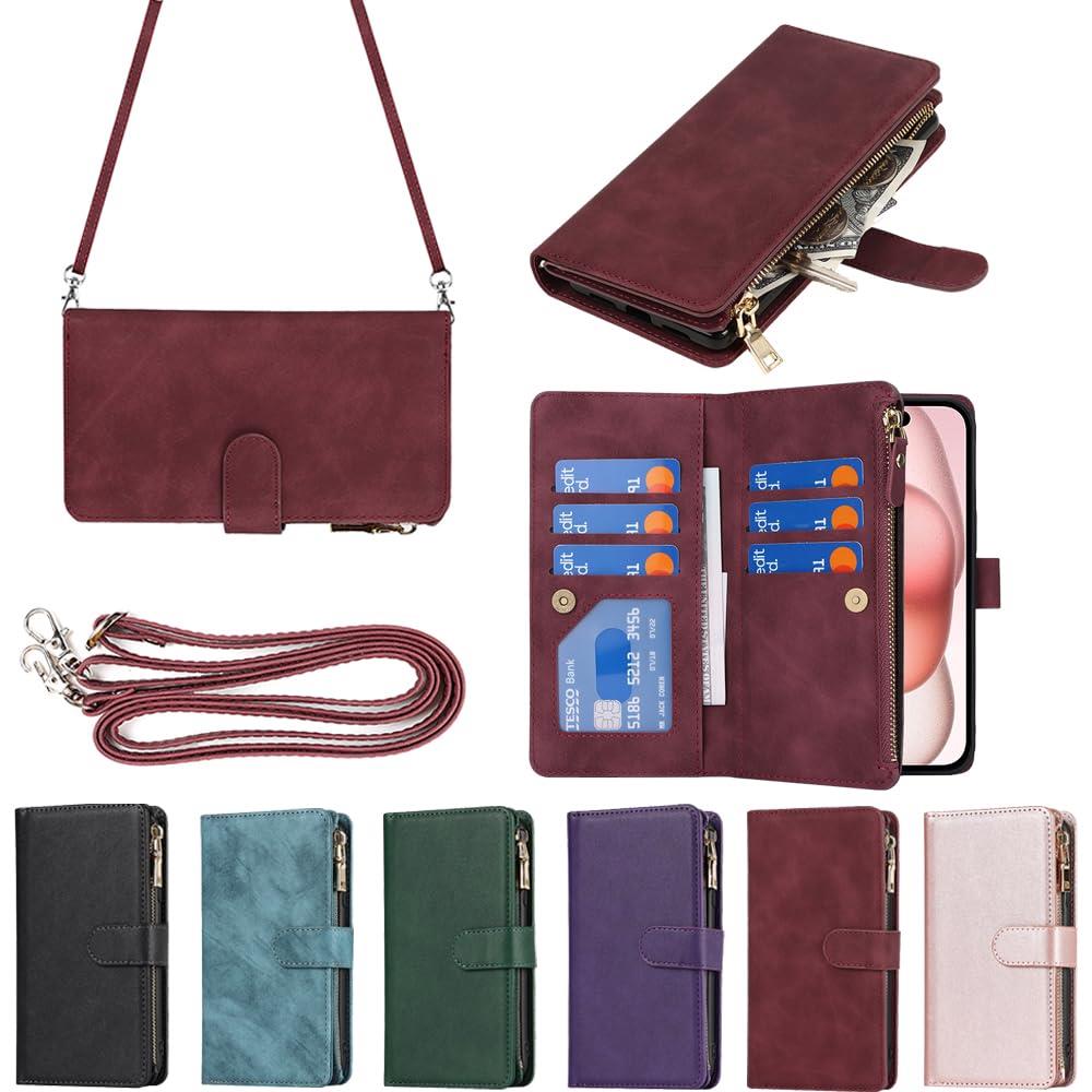 Eastwave アイフォン 15 ケース For iPhone 15 縄掛けケース For iPhone15 手帳型 財布型 ICカード コインポケット ストラップ付き カード 収納 小銭入れ ファスナーポケット付き PUレザー 6色レッド