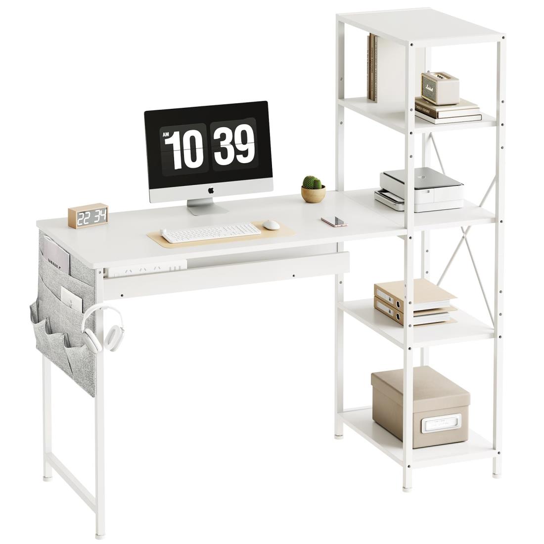 YeTom 机 ラック付きデスク pcデスク パソコンデスク 幅120cm×奥行48cm A4対応 在宅ワークデスク オフィスデスク 収納ラック 収納袋付き 勉強机 学習机 左右入替可 可動式棚板 テレワーク 白い