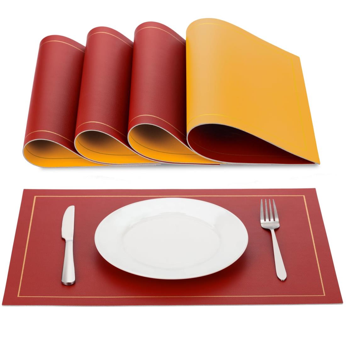 Exgox ランチョンマット シリコンマット PU両面 おしゃれ 高級 防汚防水 断熱 滑り止め お手入れ簡単 環境に優しい素材 油がつかない 丸洗い キッチン 家庭用 レストラン用 4枚セット (正面:レッド 裏面:イエロー)