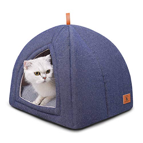 【送料無料】PEOPLE&PETS猫ベッド 犬ベッド ペットホウス 通年 耐え噛み抗菌防静電綿デニム生地 滑りにくい裏生地 ふわふわ3D綿 毛取りやすい 洗える M 36x36x36CM 2WAYドーム型