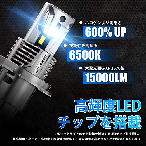【送料無料】NOVSIGHT H4 LEDヘッドライト Hi/Lo切替 新車検対応 一体型 ledバルブ 車/バイク用 DC9-32V 高輝度 15000LM 6500K ホワイト 無極性 切れのいいカットライン LEDチップ搭載 フォグランプ兼用 2個入り