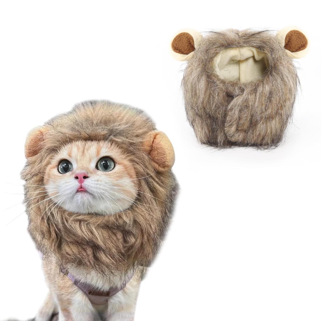 Amzbarley 猫帽子 ウィッグ ライオンに変身 耳付き 可愛い 猫用帽子 被り物 かつら 犬 被り物 ライオンたてがみかつら 仮装 猫犬兼用 変身 ペット用品 ハロウィーン パーティー 記念撮影 （M,首周り24cm）