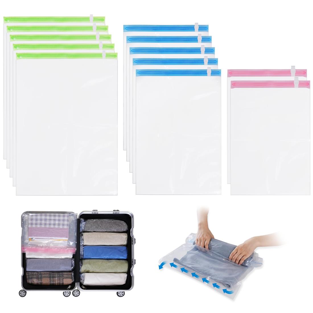 Hoxhyon 圧縮袋 旅行 衣類圧縮袋 12枚入 約80％圧縮 旅行 便利グッズ 真空あっしゅく袋 洋服 ダウン アウター 毛布 薄手の布団 掃除機不要 手巻き 防カビ 防虫 衣替え 収納 トラベル 出張 引っ越し 家庭用 再利用可能 50*70cm(5枚)+40*60cm(5枚)+35*50cm(2枚)