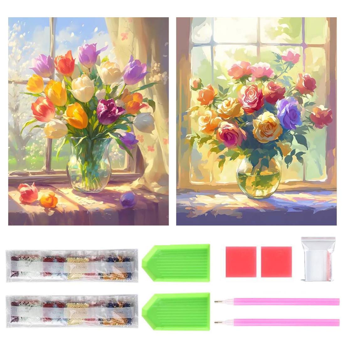 サムコス ダイヤモンドの絵画 ダイヤモンドアート キット 2個セット 暇つぶし おしゃれ かっこいい 全面貼り付け ハンドメイド 初心者 DIY 花 手芸キット 家の装飾 (B)