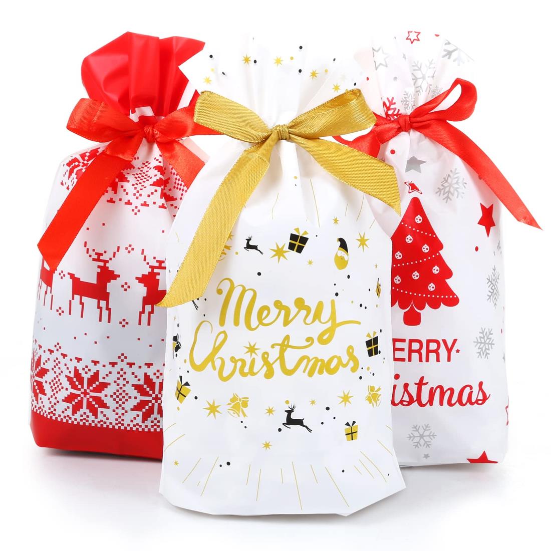 GWHOLE クリスマス ラッピング袋 ギフトバッグ 巾着袋 30枚セット リボン 結び付き 雪の結晶 クリスマスツリー おおじか 包装バック