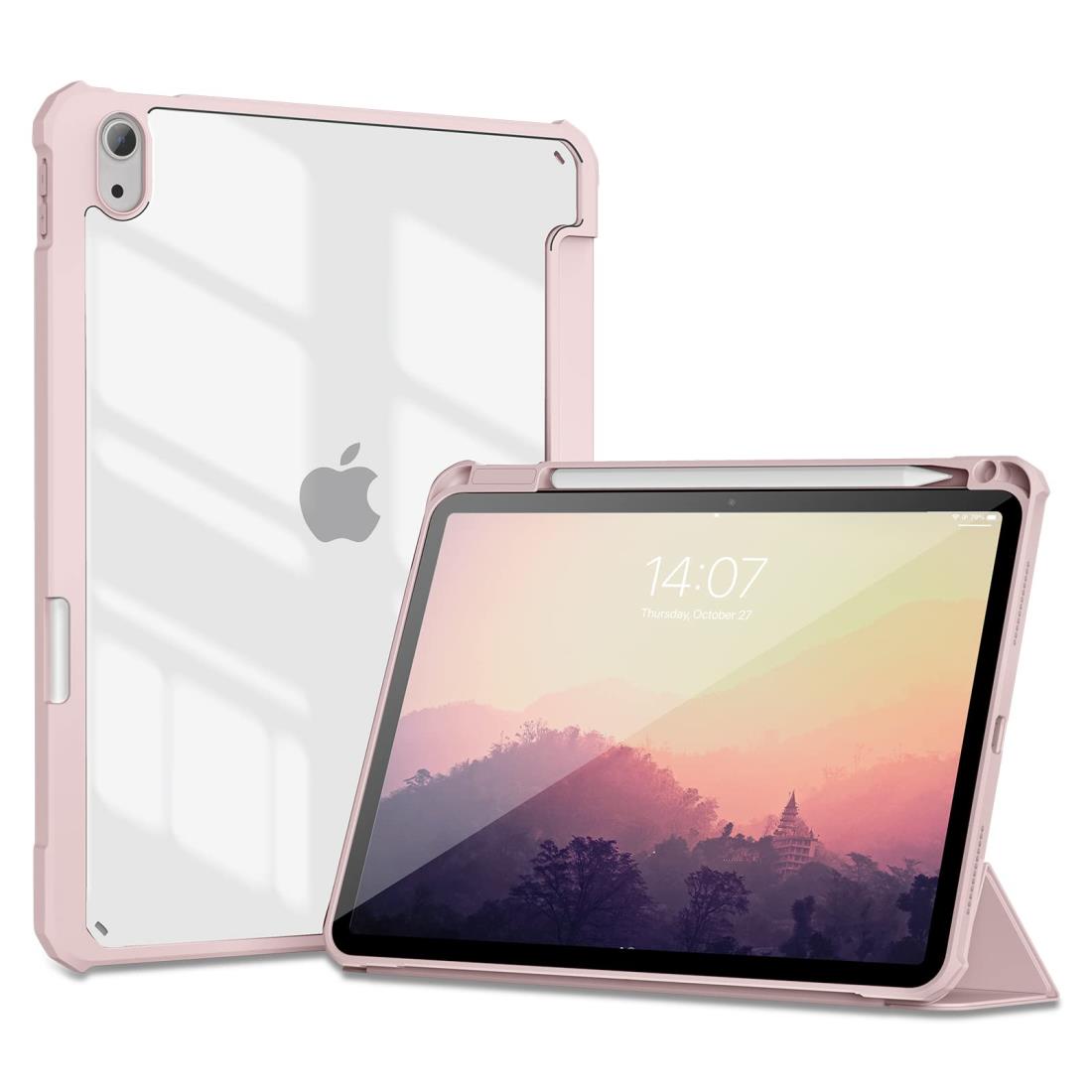 KenKe iPad 第10世代 ケース 2022モデル 10.9インチ 透明バックカバー 三つ折スタンド スリープ機能 軽量 薄型 傷つけ防止 PU合成レザー TPU Apple Pencil 収納可能 (モデル番号A2696、A2757、A2777) ピンク