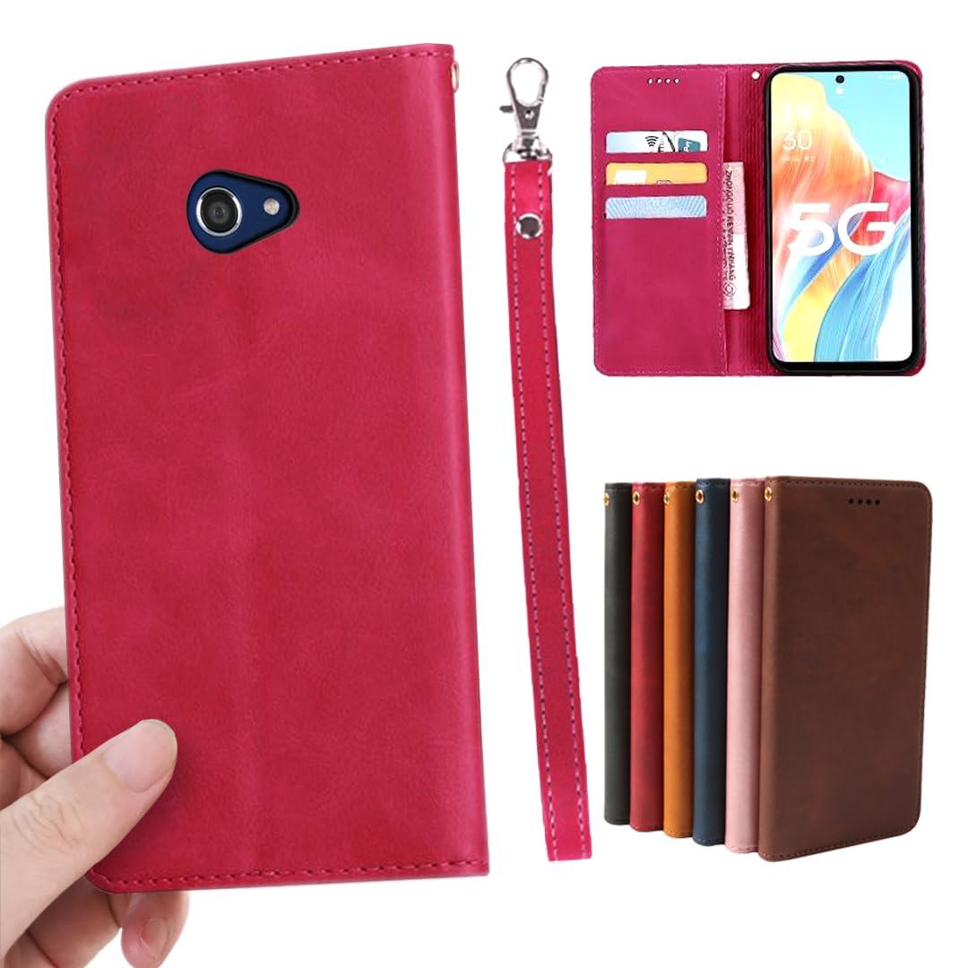 京セラ 適用 Basio4 KYV47 / かんたんスマホ2 A001KC / かんたんスマホ2+ A201KC ケース 手帳型 Kyocera Kantan Sumaho2 Sumaho2+ スマホケース 手帳 ベイシオ4 カバー KYV47ケース  財布型 内蔵マグネット 弱磁 ストラップ 同梱 カード収納 レトロ ローズレッド