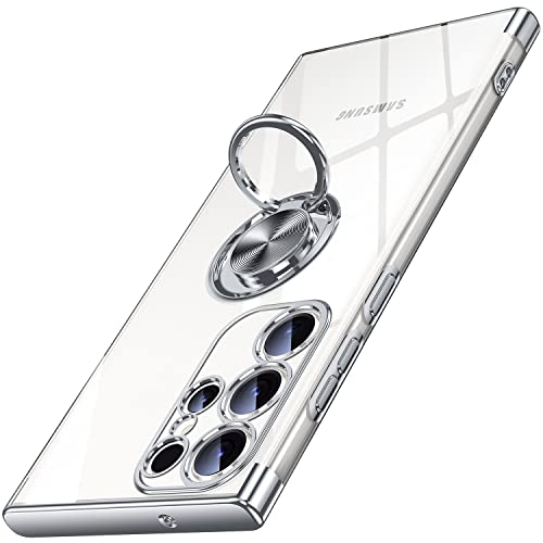 乐天商城 - Galaxy S23 Ultra 用 ケース クリア リング付き Samsung ギャラクシー S23 ウルトラ/SC-52D / SCG20 カバー 透明 おしゃれ OURJOY スマホケース メッキ加工 ソフトケース 耐衝撃 軽量 薄型 ストラップホール付き スタンド機能 車載ホルダー対応 携帯ケース ? シルバー