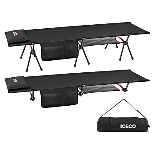 ICECO コット 900D 耐荷重180KG 軽量2.8KG 2WAY ハイ/ロー切替可能 静音設計 枕袋 サイドポケット デイジーチェーン付 キャンプ アウトドア ベッド 折りたたみ式 ワイド コット 組立簡易 コンパクト 肩掛け式収納バッグ付き 日本語説明書付 (ブラック)