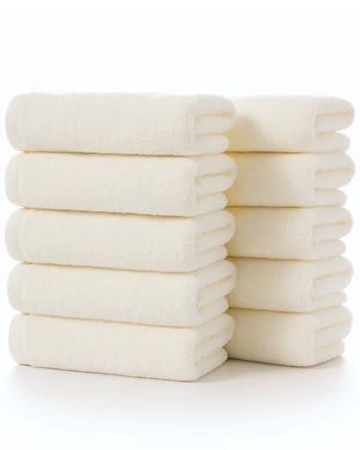 Lumimi フェイスタオル 綿100% ホテル仕様 ふわふわ[約34x74cm 10枚セット アイボリー]瞬間吸水 速乾 耐久性 業務用 柔らかい お風呂上がり バス用品