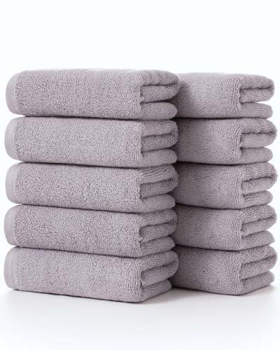 Lumimi フェイスタオル 綿100% ホテル仕様 ふわふわ[約34x74cm 10枚セット ライトグレー]瞬間吸水 速乾 耐久性 業務用 柔らかい お風呂上がり バス用品