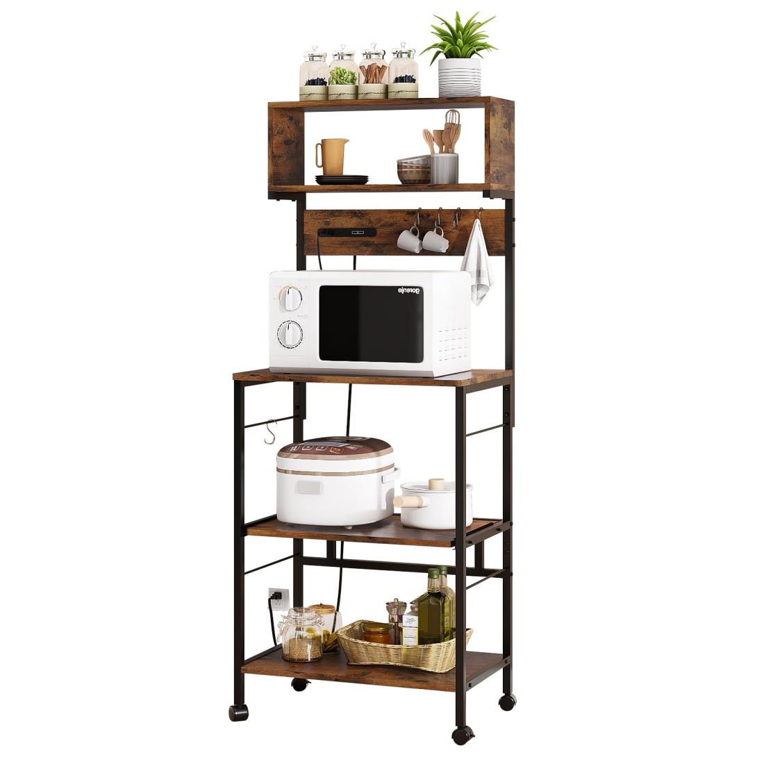 LYNCOHOME レンジラック 計4口 コンセント付き USBポート付き レンジ台 レンジボード 幅60 食器棚 キッチンラック キッチン収納 大型レンジ対応 キャスター付き（ブラウン ビンテージ ヴィンテージ）