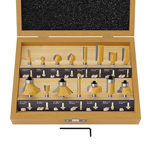 CSOOM 15本組 亜麻仁油木製収納ボックス付き 軸径6mm プロ木工トリマービットセット 超硬ルーターセッ..