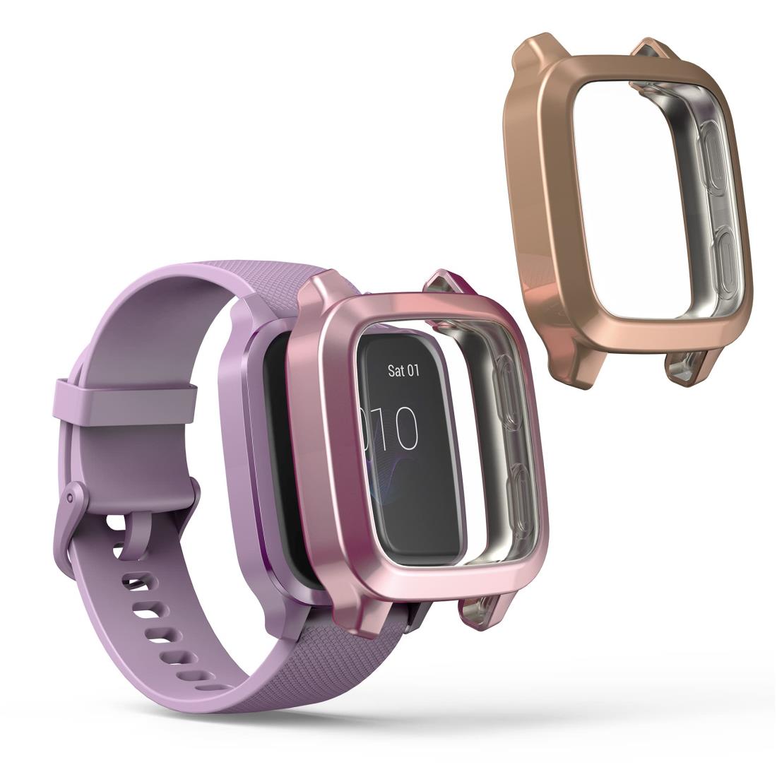 kwmobile 2x ケース Garmin Venu Sq Music/Sq対応 カバー - フルカバー シリコン 耐衝撃 全体保護 アンティークピンク/ピンクゴールド