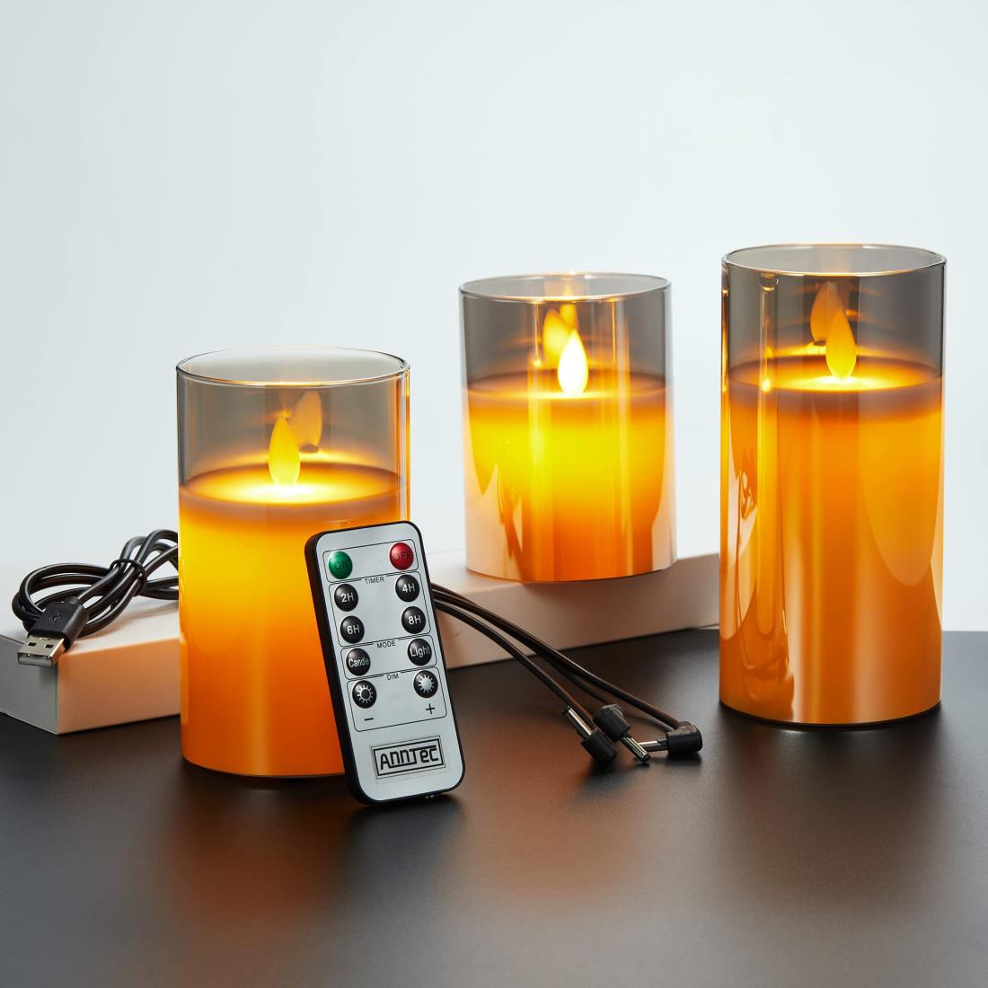 AnnTec LEDキャンドルライト ledグラス ブラック ロウソク 本物の炎のようにゆらめく3点セット 暖色光 火を使わない ゆらゆら揺れる 安全 省エネ 専用リモコン付き 明るさ調整 USB充電式 LEDライトキャンドル