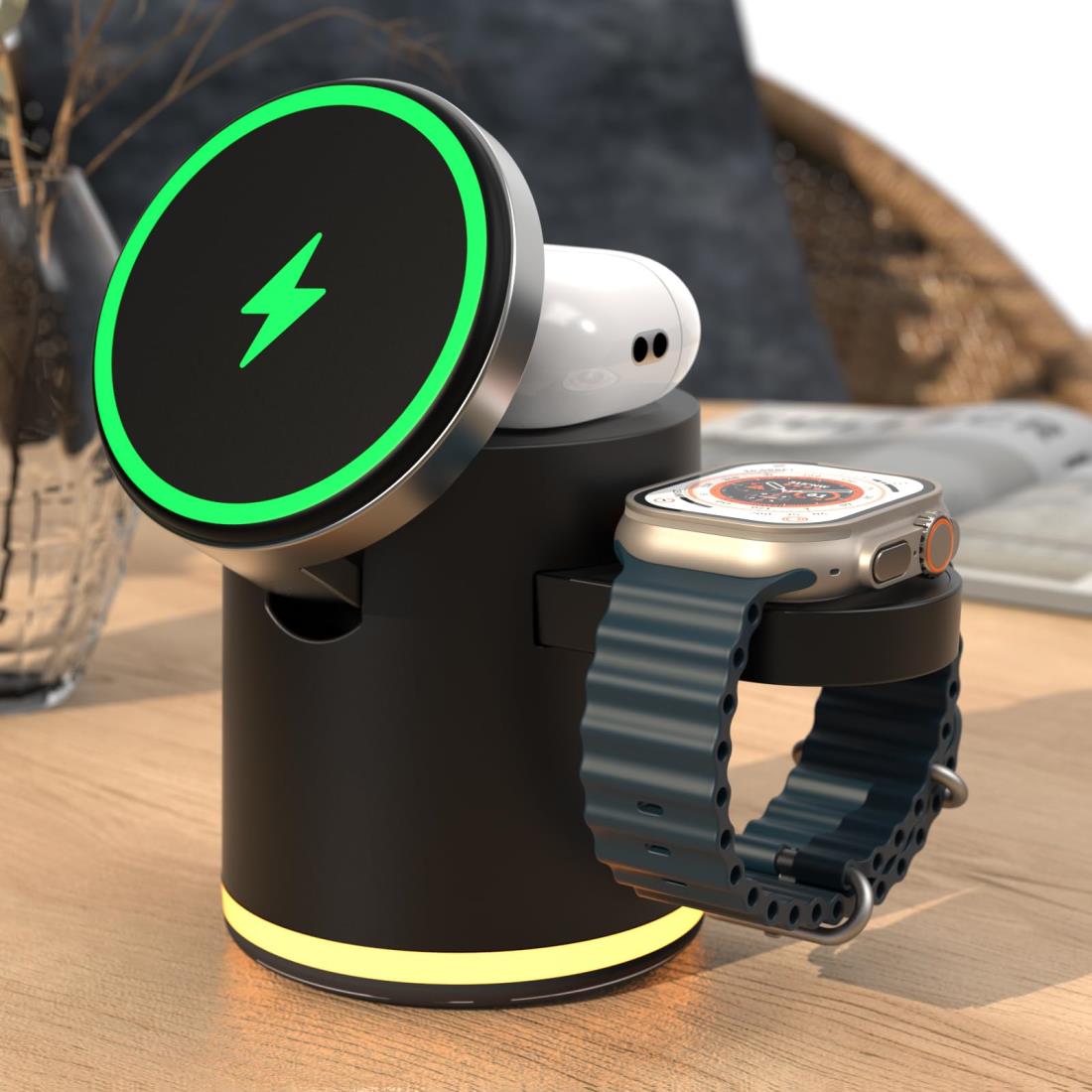 GLILAVOX【2024最新型】3in1 ワイヤ レス充電器 マグネット式 折畳み Compatible with iPhone16/15/14/13/12/Pro/Pro Max/Plus/apple watch ultra2/SE/10/9/8/airpods Pro/4/3/2 アップルウォッチ 充電器 iphone 充電スタンド マグセーフ充電器 ライト付き 置くだけ充電 アダ
