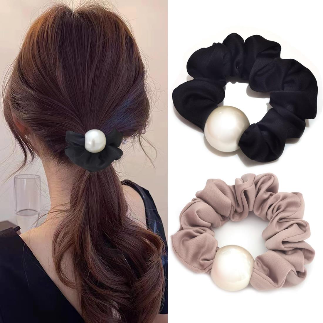 Fuyunohi ヘアゴム パール シュシュ 2個セット ゴム 跡がつかないヘアゴム 髪ゴム おしゃれ 髪留め ヘアアクセサリー ヘアゴム 大人 シュシュ セット ヘアアレンジ 美髪シュシュ レディース ビューティー ブラック ピンク