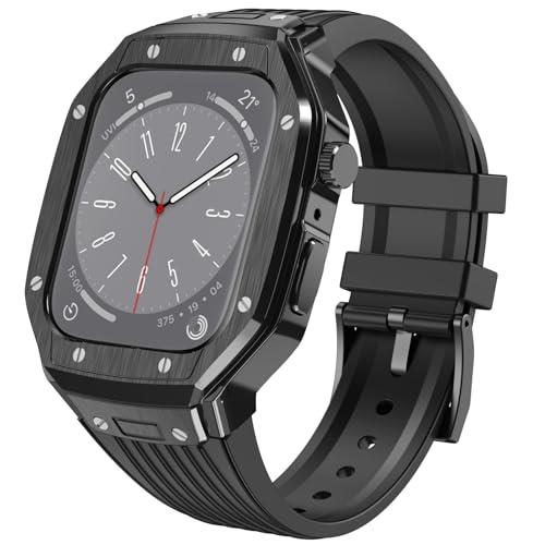 [LIRUWECH] for Apple Watch バンドとケースと背面ケースの3in1一体型デザイン 45mm/44mm apple watch 一体型バンド Apple Watch Series 9/SE/8/7/6/5/4対応 メンズ かっこいい アップルウォッチ バンド カバー付き apple watch アクセサリー(45mm/44mm，ブラックケースとブ