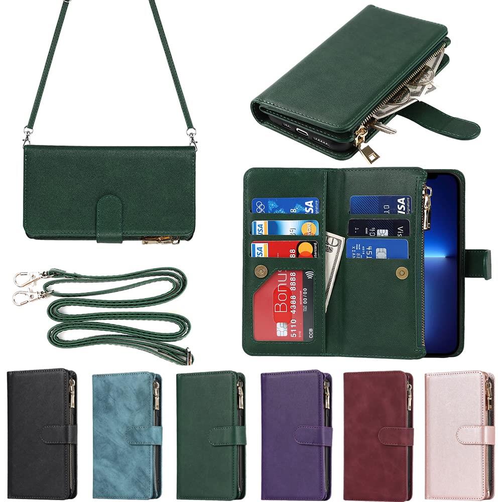 Eastwave アイフォン14 Pro Max ケース iPhone 14promax 縄掛けケース iPhone 14 Pro Max 手帳型 財布型 ICカード コインポケット ストラップ付き カード 収納 小銭入れ ファスナーポケット付き PUレザー 6色グリーン