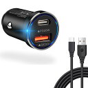 超小型 シガーソケット usb 急速充電 (38W/PD 20W+QC 18W) iPoto 【Type-c ケーブル付/1.83M/1本】 2ポート 同時急 ...