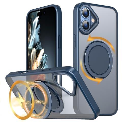 KWATUNG ケース iphone 16 対応 ケース magsafe対応 360°回転スタンド いphone16 用 ケース ワイ ヤレス充電 アイフォン16 用ケース 指紋防止 スマホケース iphone 16 対応 マグネット搭載 耐衝撃 米軍MIL規格 アイホン16用ケース マット感 半透明 黄変防止【ブルー】