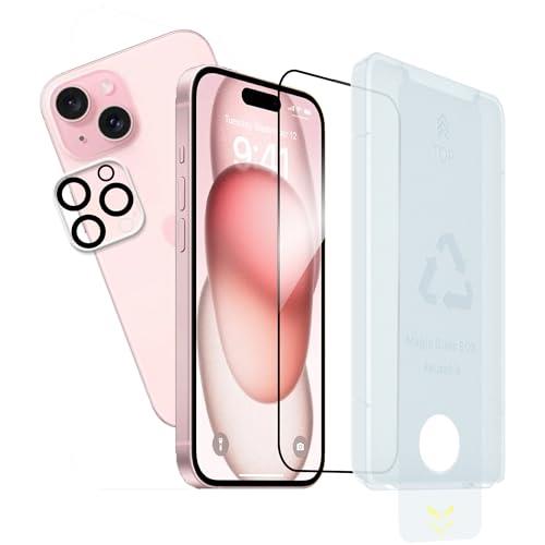 KPNS iphone 15 ガラスフィルム 新型の自動除塵 ガイド枠付き 日本素材製 強化ガラス iPhone15 ガラスフィルム あいほん15 カメラフィルム カバー アイフォン15 保護フィルム【1+1枚セット】