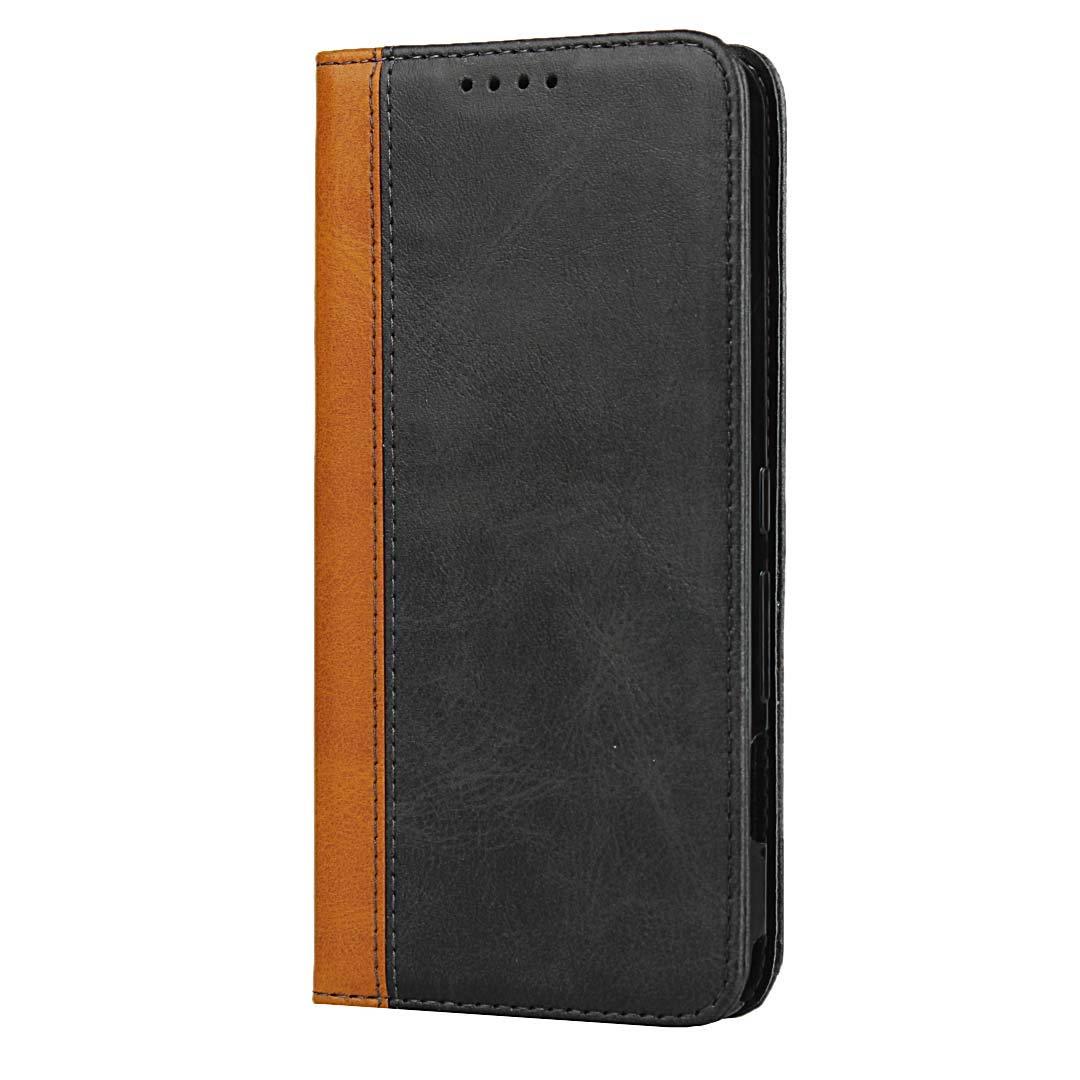 Havaya らくらくスマートフォン me F-01L ケース docomo F-42A スマホケース アローズ Fujitsu docomo 手帳型 耐衝撃 カバー マグネット式 カード収納 スタンド機能 レザー-ブラック＋イエロー